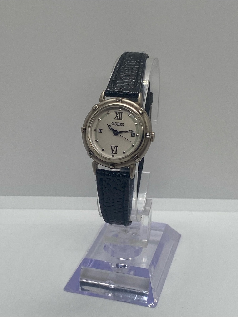 Guess Silver Round Watch with Black Leather Strap